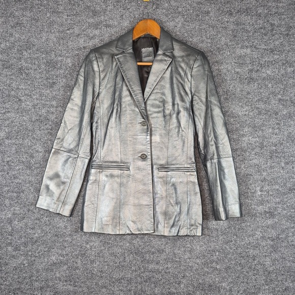 BCBG Max Azria Y2K Silver Metallic Lea Leather Pants Sz 0 Blazer Sz 4 Set - Picture 2 of 12